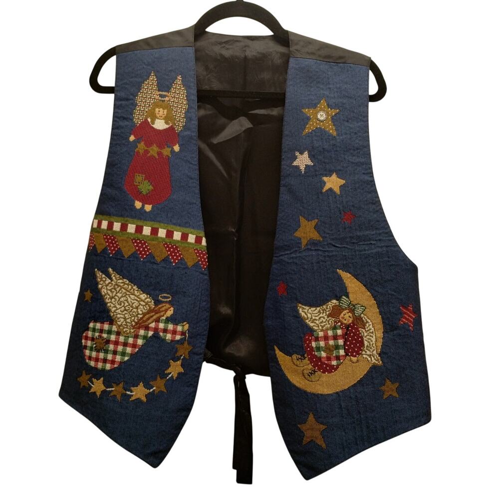 Angel Tapestry One Size Open Front Tie Back Vintage-Inspired Holiday Vest